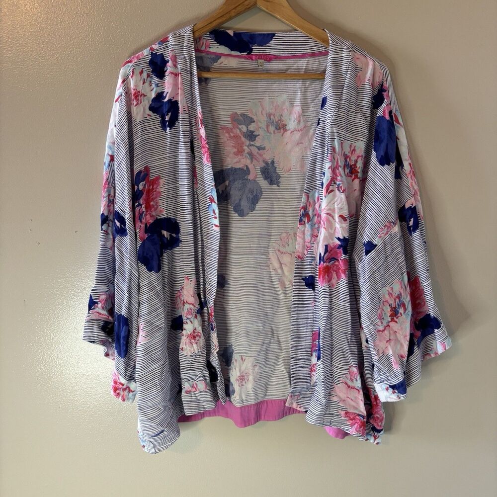 Joules Floral Kimono Top Blue Pink Stripe Kaftan Coverup Sz Large